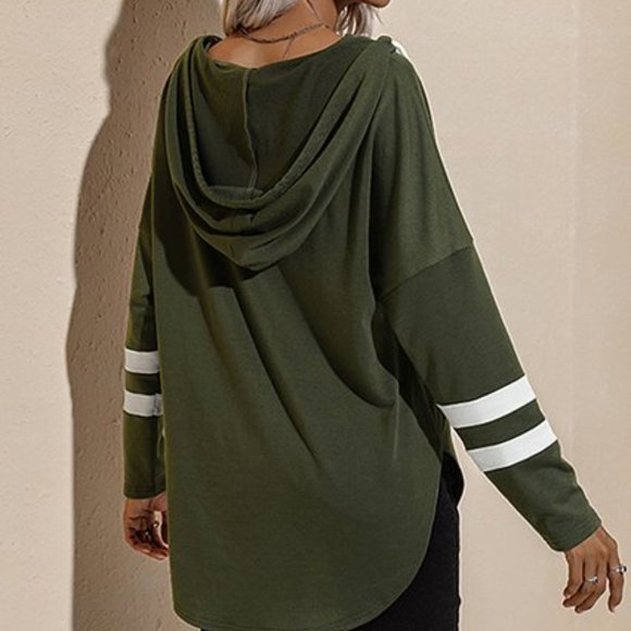 Coeur de Vague | Army Green & White Stripe Drawstring V-Neck Hoodie L - Picture 2 of 3